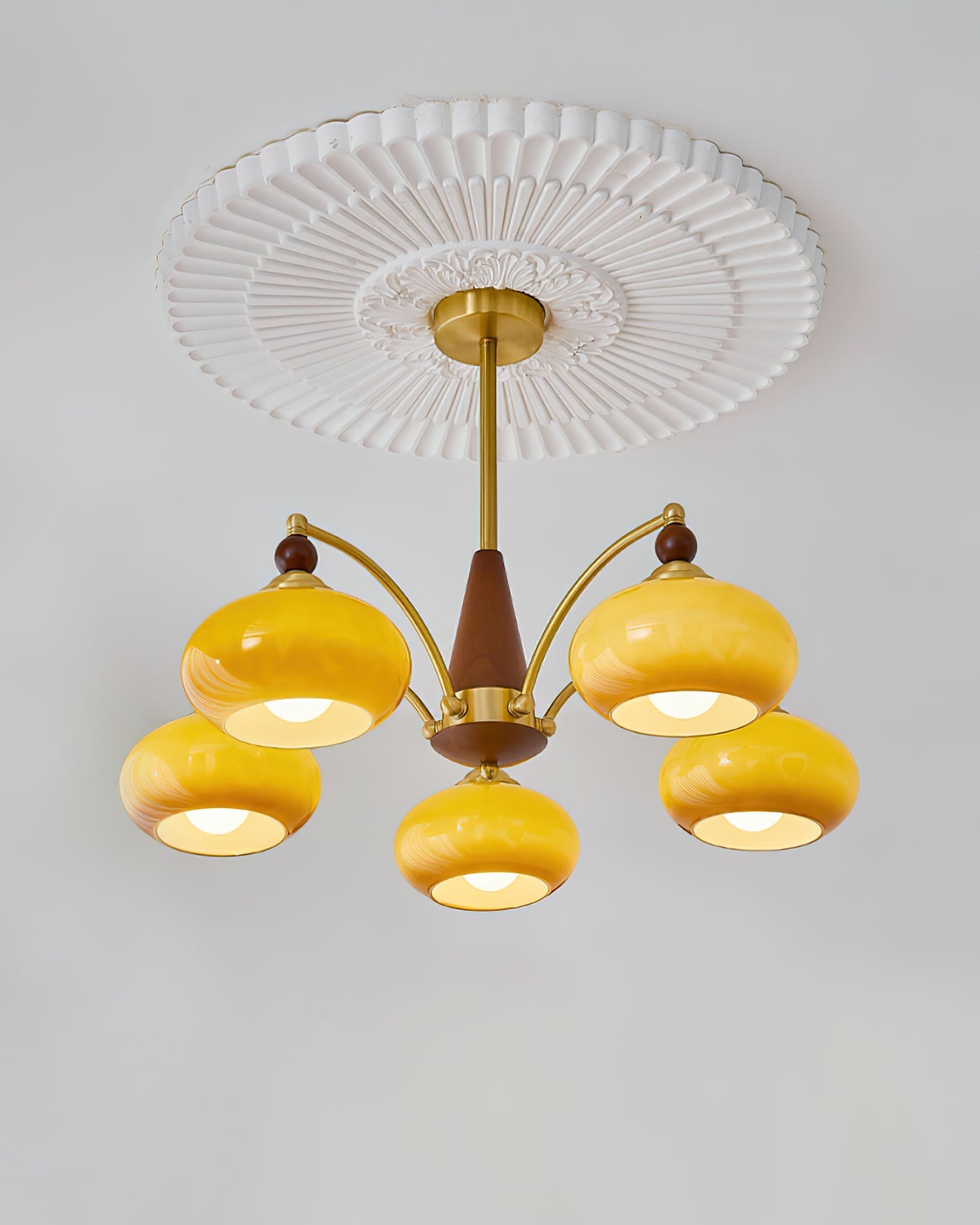 Elanorae | Lampadario in Legno e Ottone senza Tempo con Paralumi in Vetro Caldo