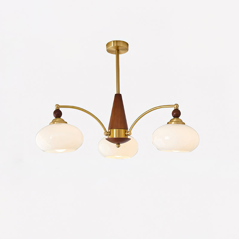 Elanorae | Lampadario in Legno e Ottone senza Tempo con Paralumi in Vetro Caldo