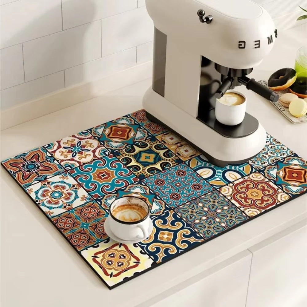 Tappetino Assorbente per Caffè con Design di Piastrelle Retro