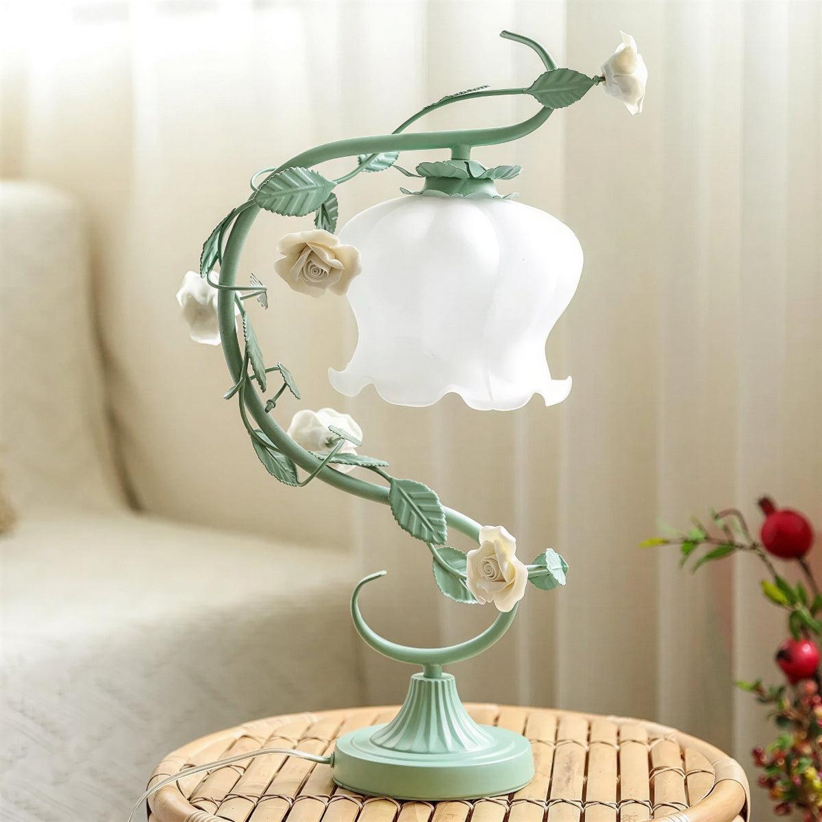 Lampada da Tavolo a Forma di Fiore di Rosa con Paralume in Vetro