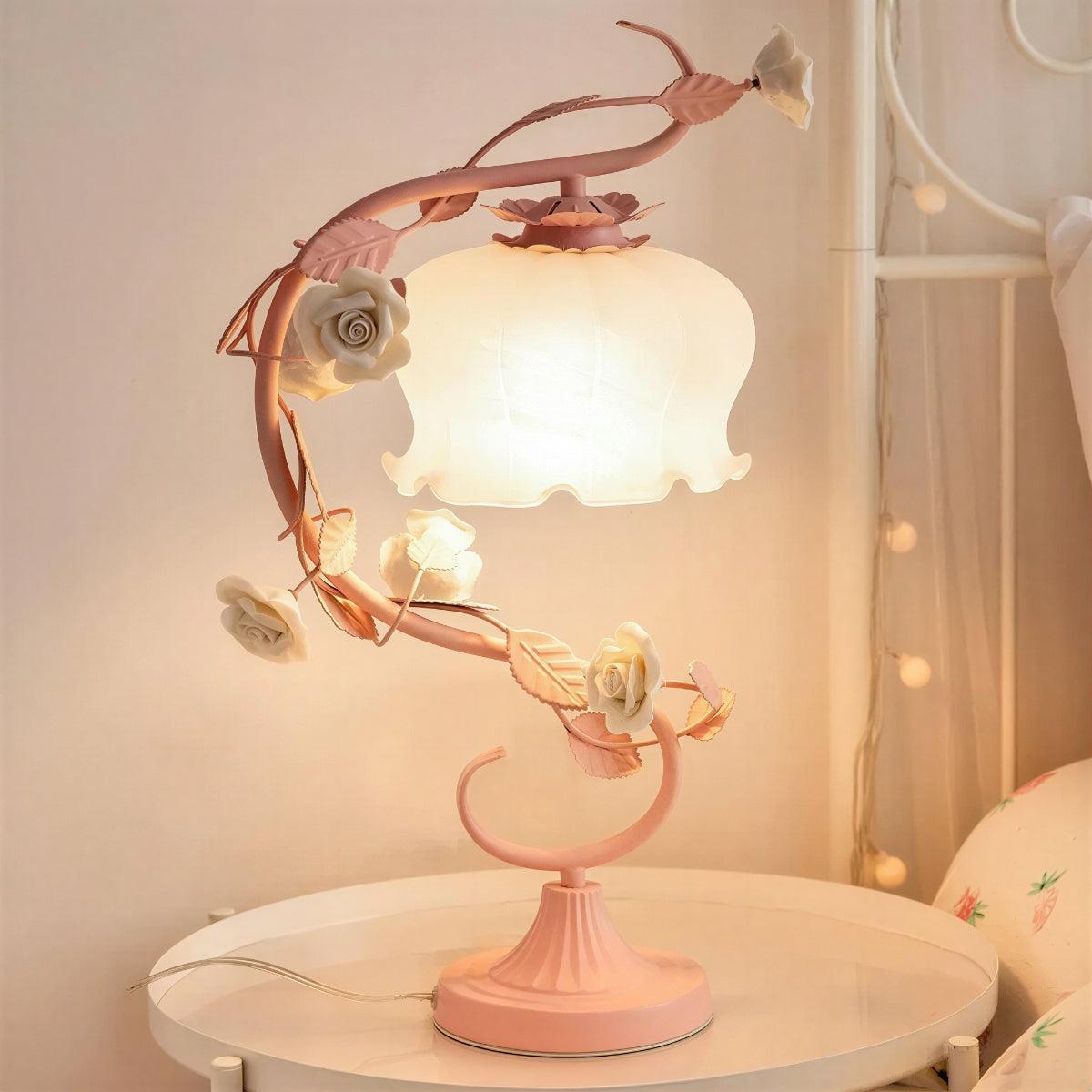 Lampada da Tavolo a Forma di Fiore di Rosa con Paralume in Vetro