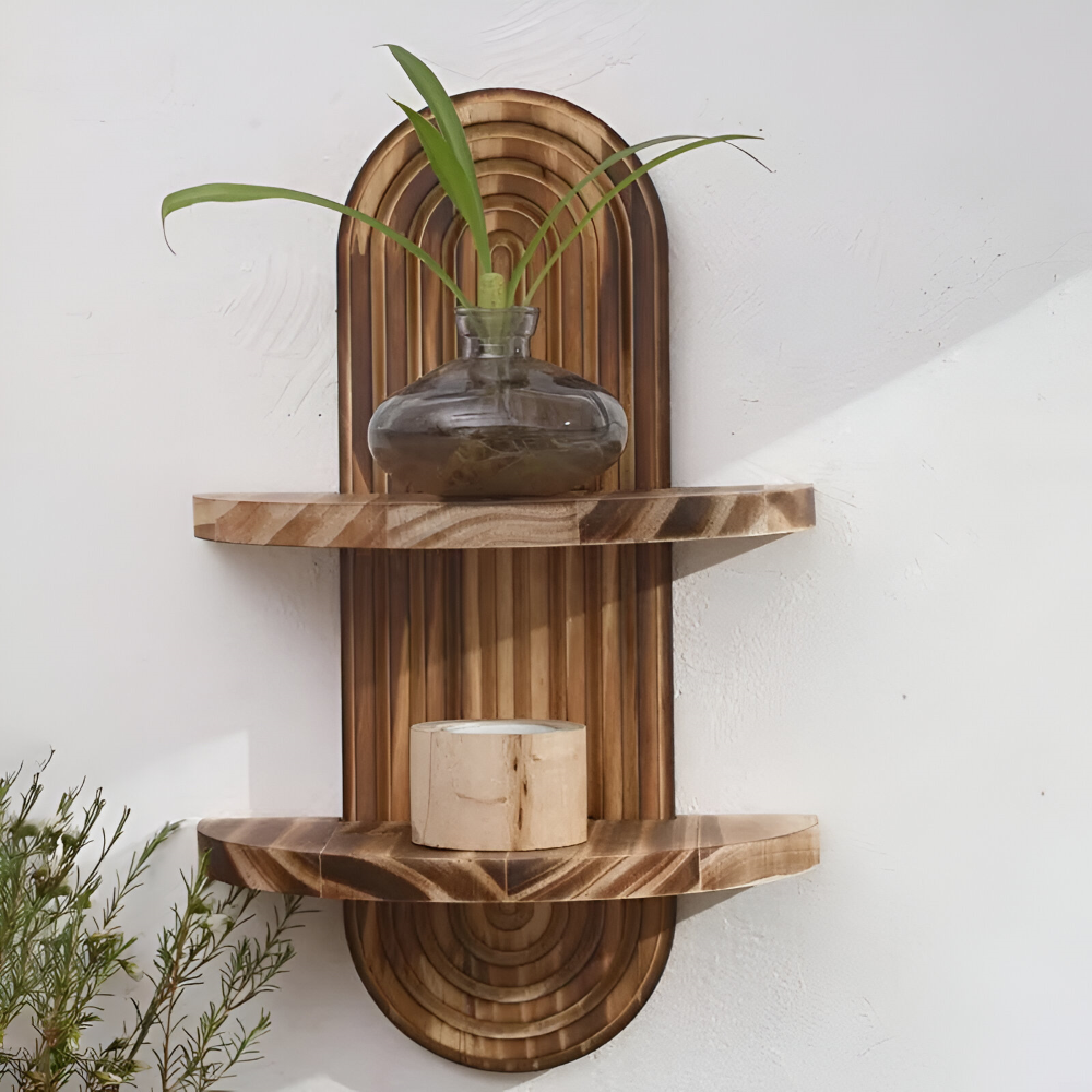 BohoRust Shelf – Mensola Geometrica in Legno Fatta a Mano con Design Ovale Rustico