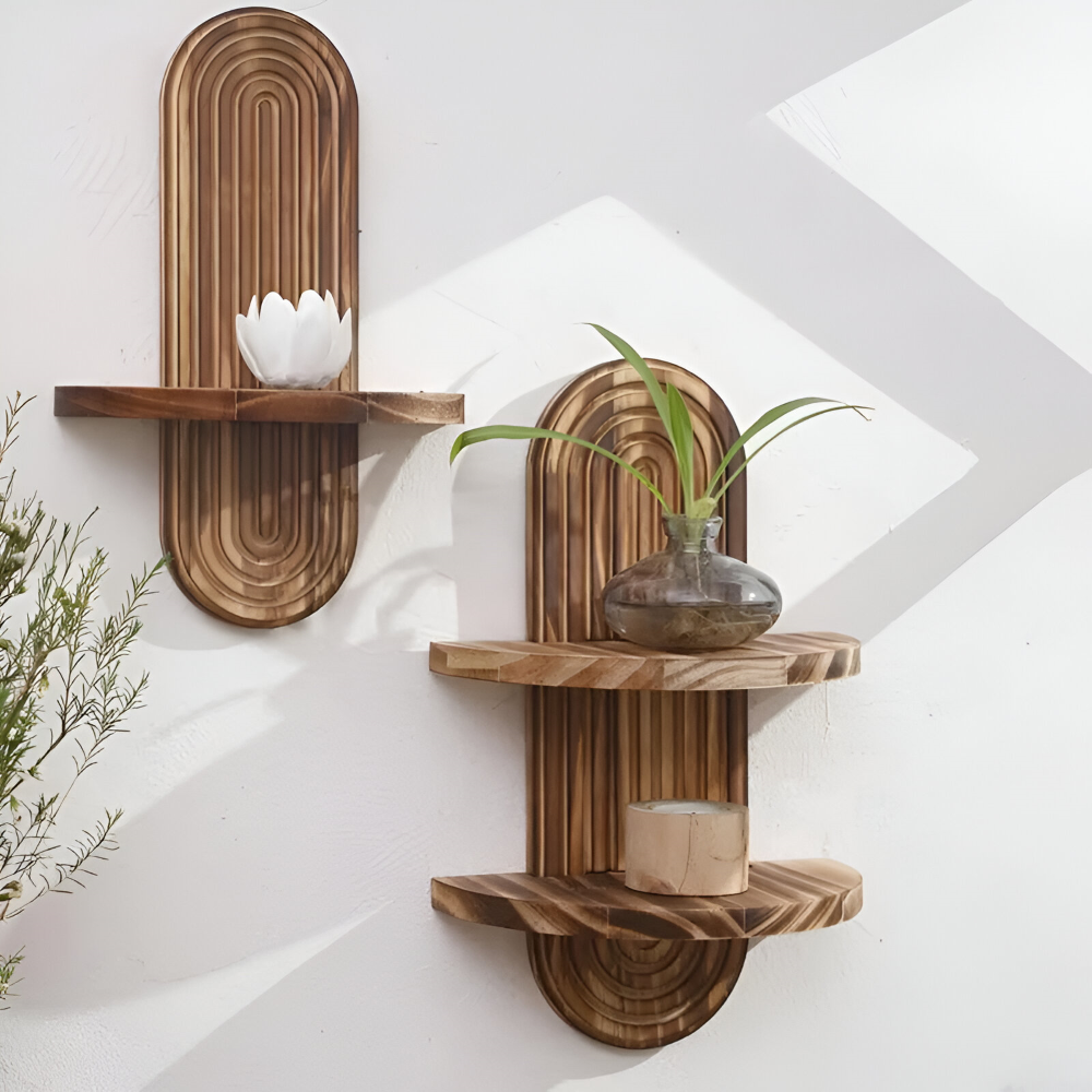 BohoRust Shelf – Mensola Geometrica in Legno Fatta a Mano con Design Ovale Rustico