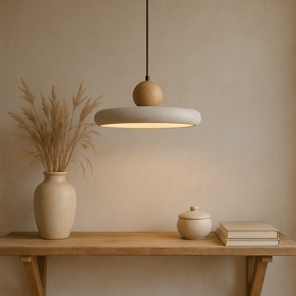 Lampada a sospensione in Travertino Rustico con Accento in Legno