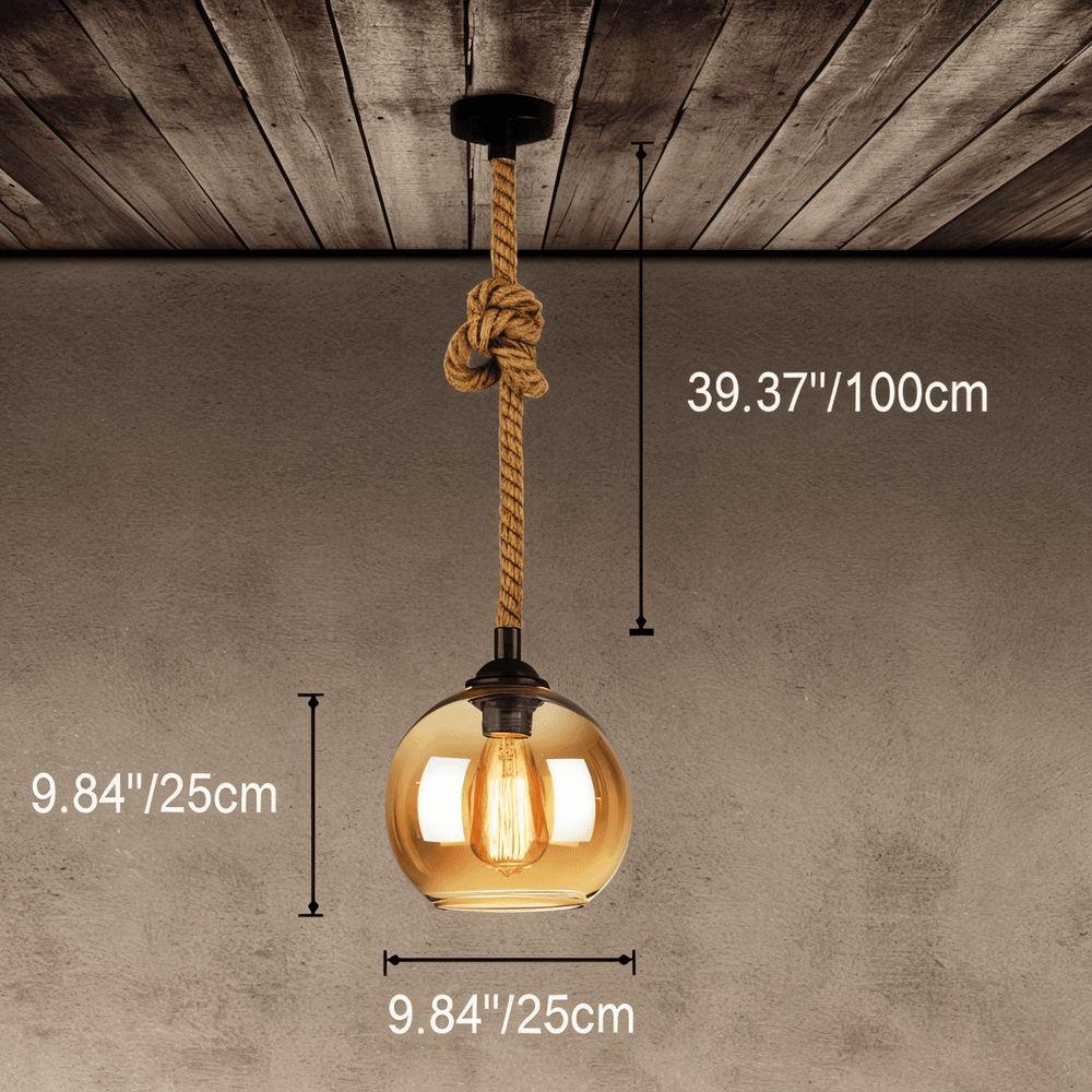 Rustic OrbLight – Lampadario con Sfera di Vetro in Fune di Canapa