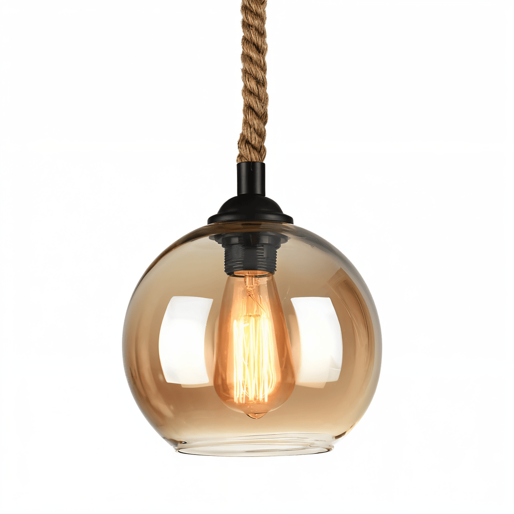 Rustic OrbLight – Lampadario con Sfera di Vetro in Fune di Canapa