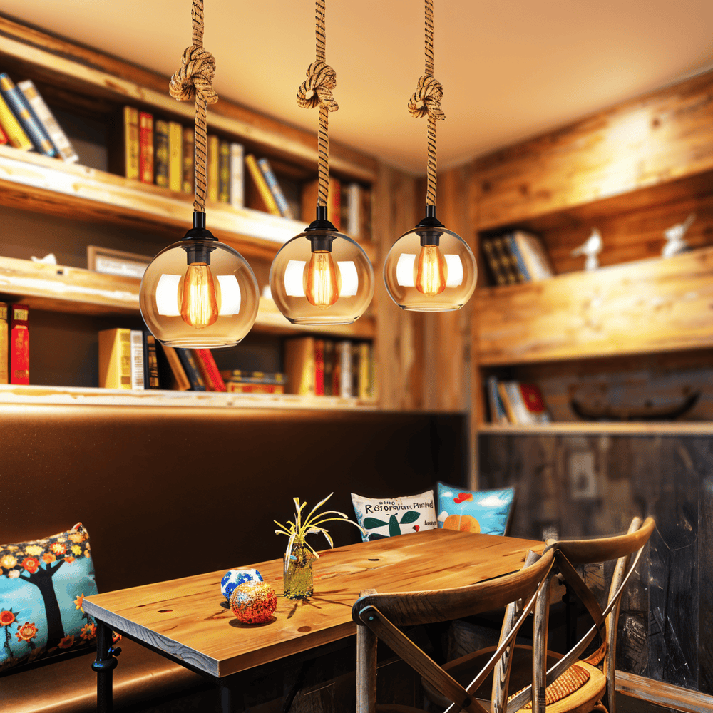 Rustic OrbLight – Lampadario con Sfera di Vetro in Fune di Canapa