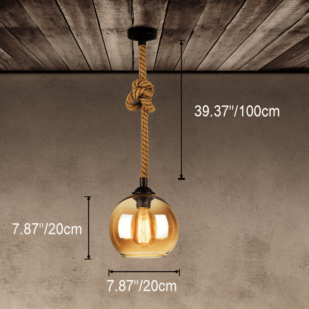 Rustic OrbLight – Lampadario con Sfera di Vetro in Fune di Canapa