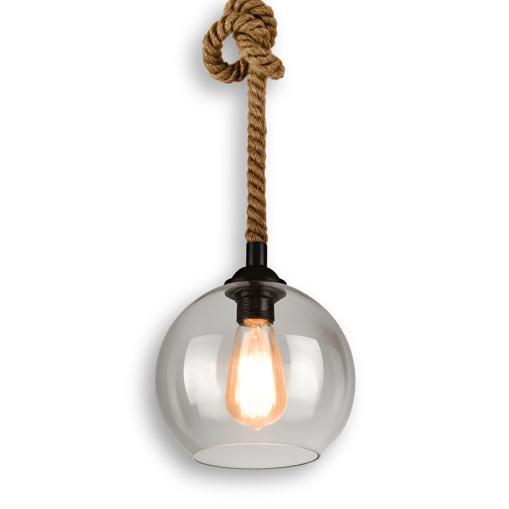 Rustic OrbLight – Lampadario con Sfera di Vetro in Fune di Canapa