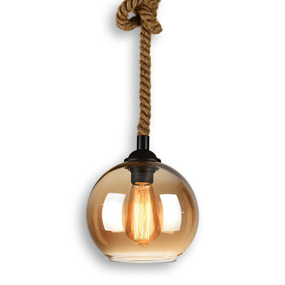 Rustic OrbLight – Lampadario con Sfera di Vetro in Fune di Canapa