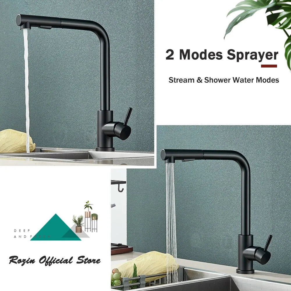 Rubinetto da cucina estraibile nero - Flessibile con modalità a 2 getti e spruzzatore, rubinetto in acciaio inox per miscelazione acqua calda e fredda