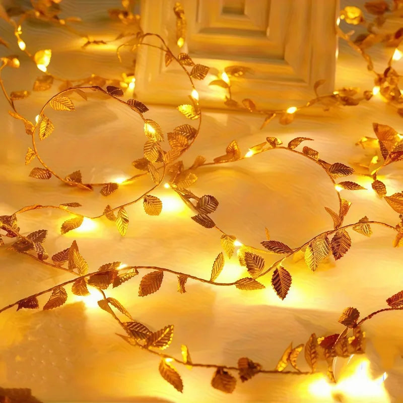Elviora – Filo di Luci LED con Foglie Verdi e Illuminazione a Batteria