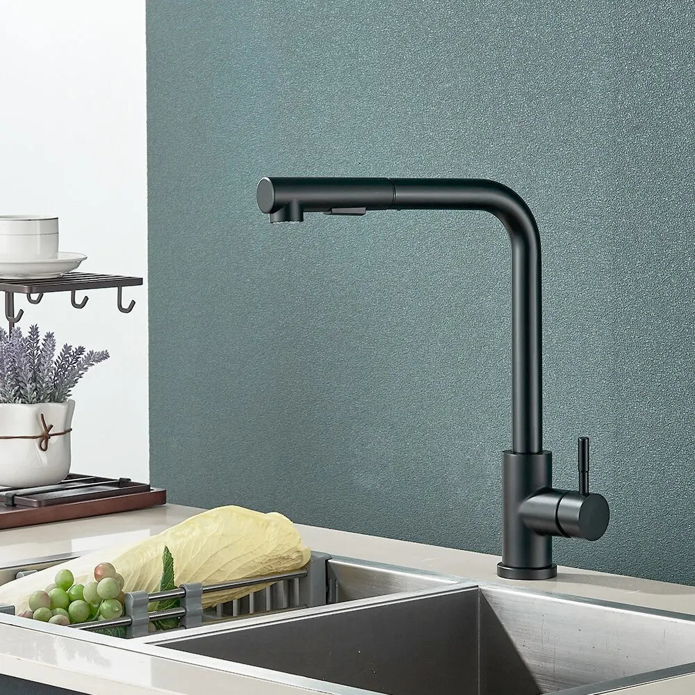 Rubinetto da cucina estraibile nero - Flessibile con modalità a 2 getti e spruzzatore, rubinetto in acciaio inox per miscelazione acqua calda e fredda