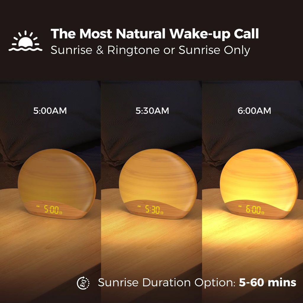 Sveglia Luce del Mattino con 8 Colori, 26 Suoni del Sonno e Design in Legno