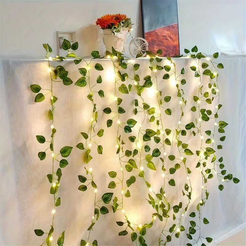Elviora – Filo di Luci LED con Foglie Verdi e Illuminazione a Batteria