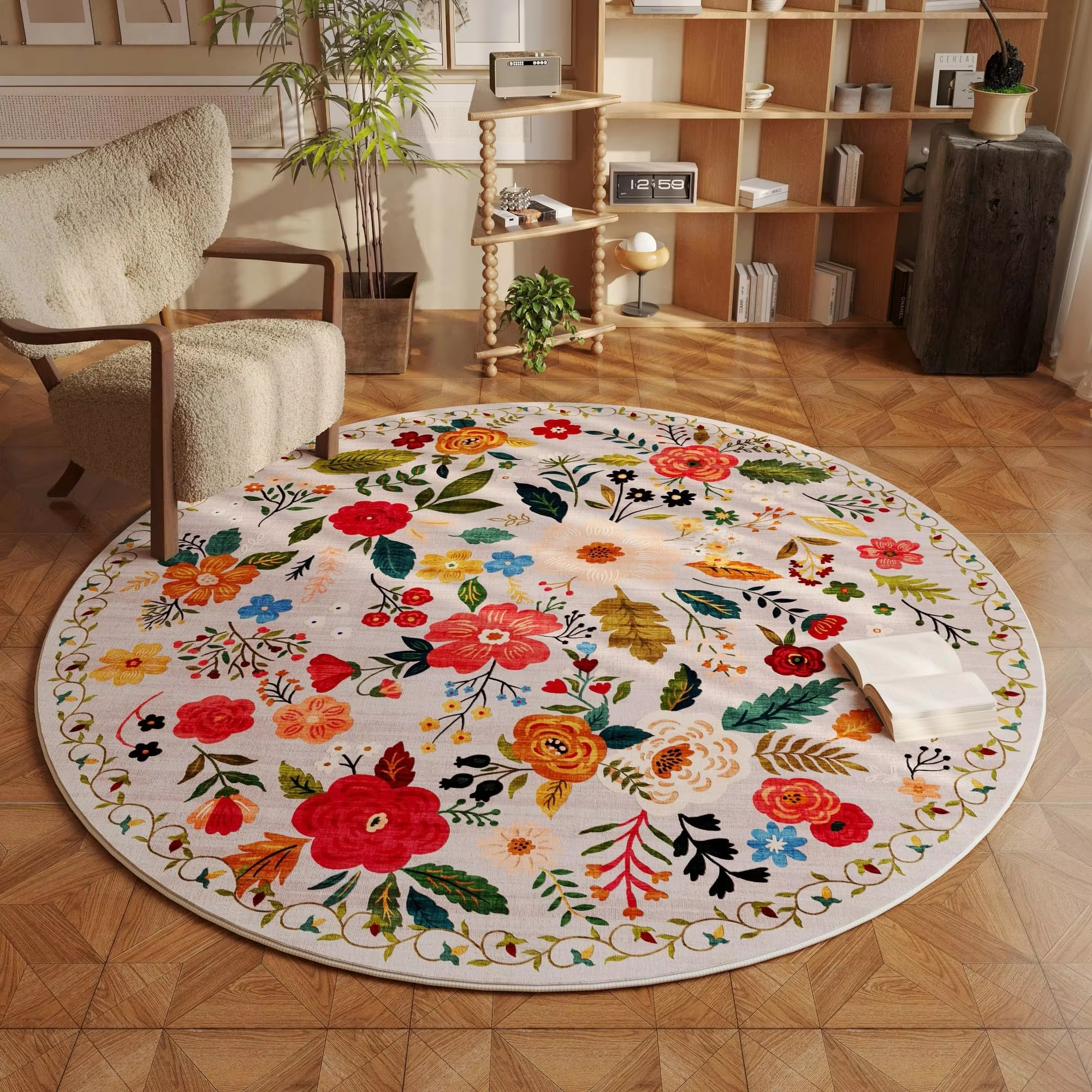 Tappeto Rotondo Florale Beige con Retro Lavabile Antiscivolo, Resistente allo Sbiadimento per il Soggiorno
