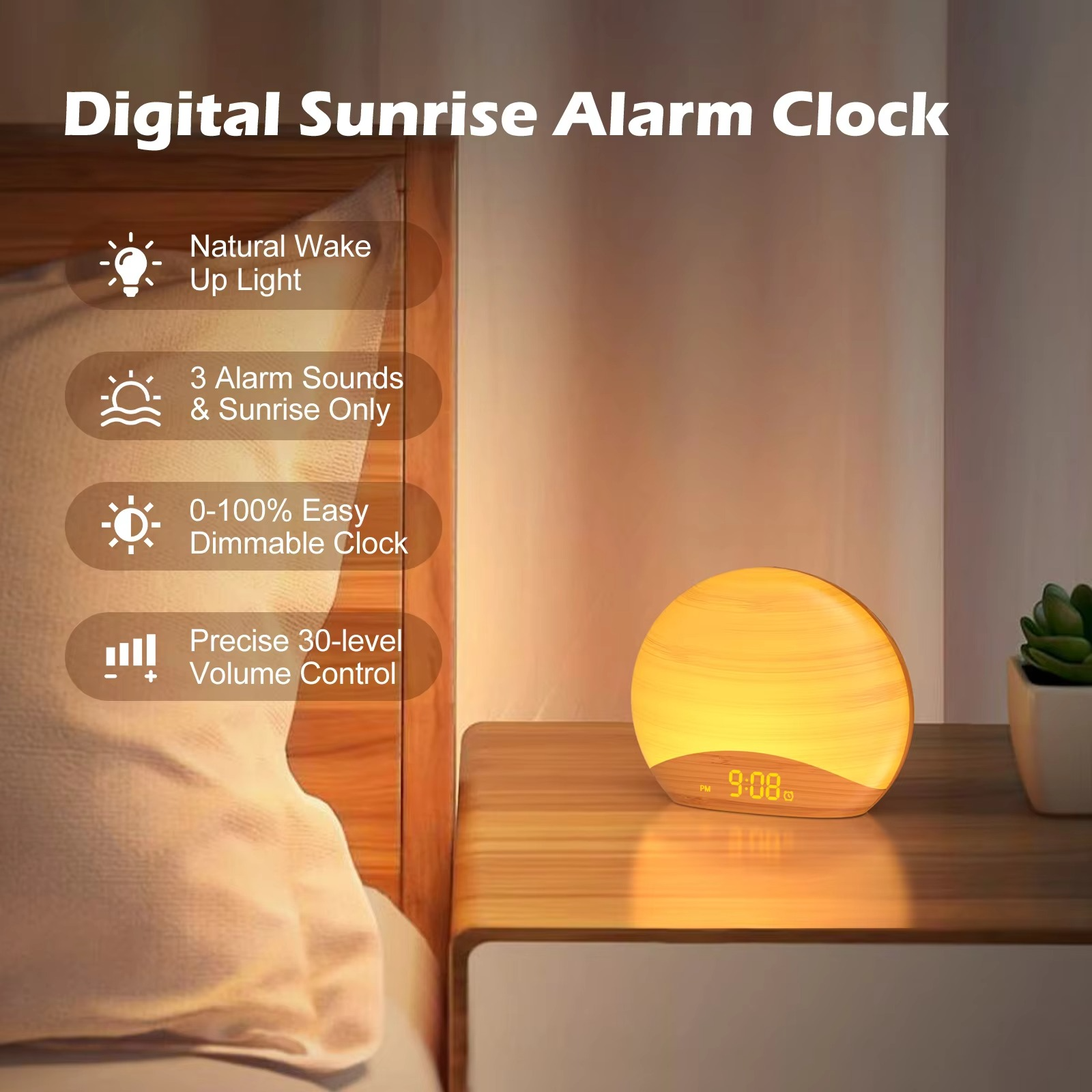 Sveglia Luce del Mattino con 8 Colori, 26 Suoni del Sonno e Design in Legno