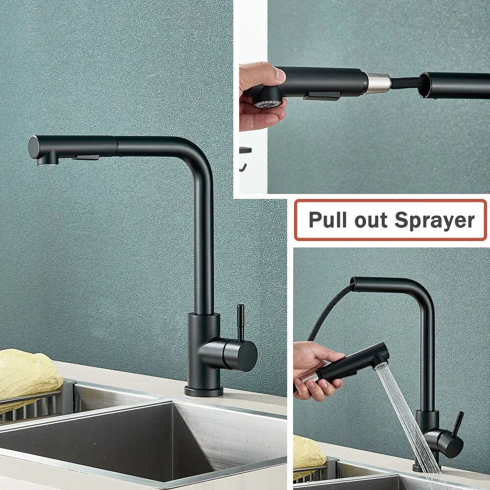 Rubinetto da cucina estraibile nero - Flessibile con modalità a 2 getti e spruzzatore, rubinetto in acciaio inox per miscelazione acqua calda e fredda