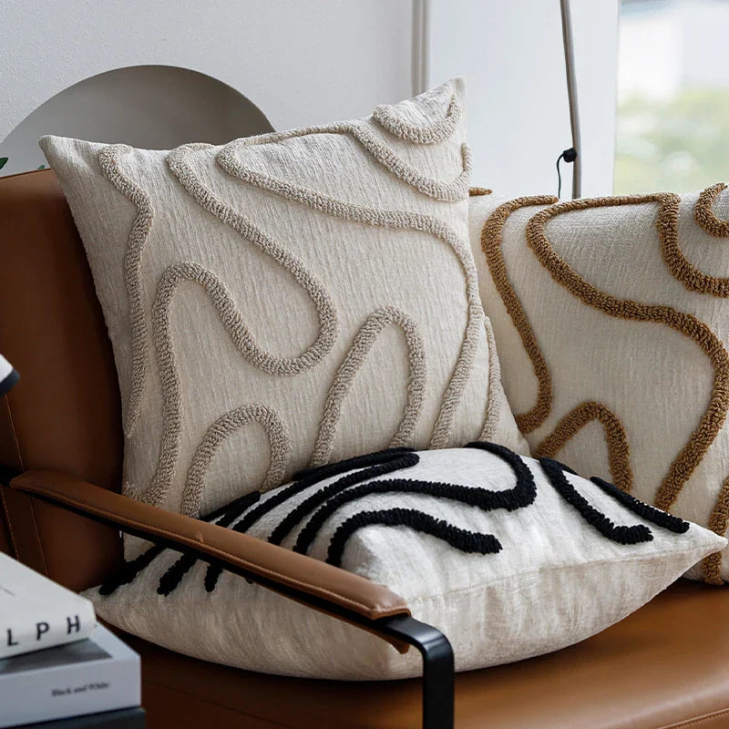 Sabella - Cuscino Decorativo in Chenille Boho con Linee Geometriche Morbide per Divano e Soggiorno