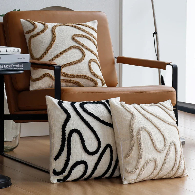 Sabella - Cuscino Decorativo in Chenille Boho con Linee Geometriche Morbide per Divano e Soggiorno