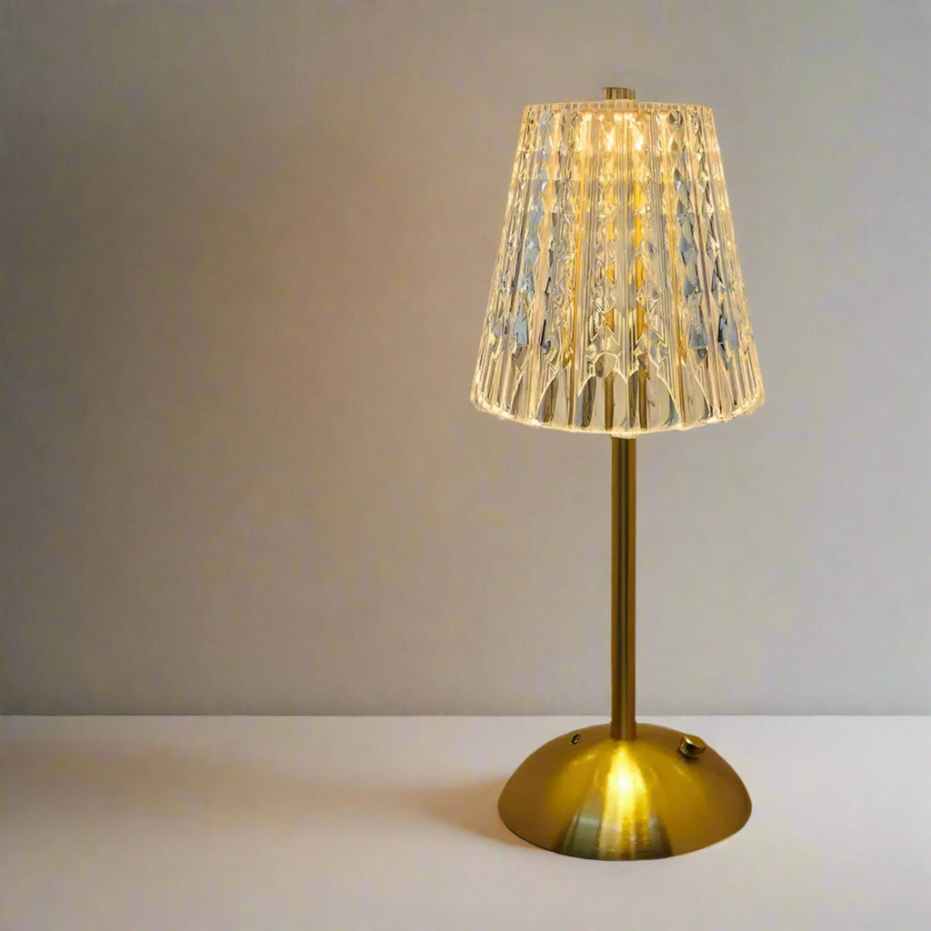 Lampada da Tavolo Ricaricabile con Paralume in Vetro Rigato e Luce LED