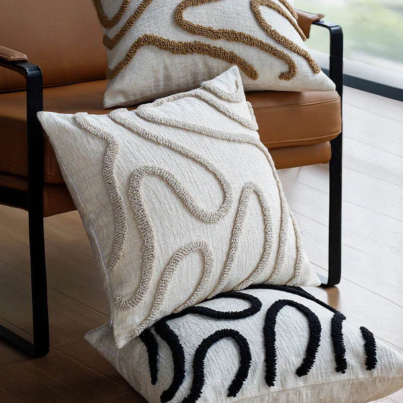Sabella - Cuscino Decorativo in Chenille Boho con Linee Geometriche Morbide per Divano e Soggiorno