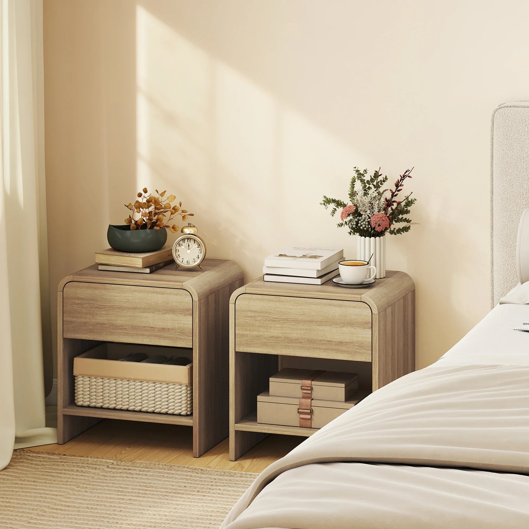 Linvara – Set di 2 Comodini Scandinavi con Cassetto e Ripiano Aperto