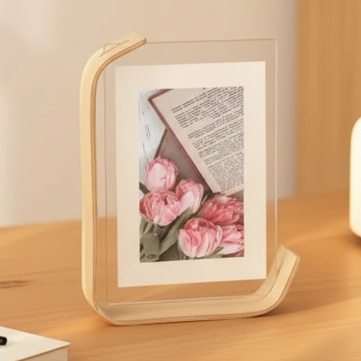 FOTODUO – Cornice per foto in acrilico e legno con vista su entrambi i lati per una moderna decorazione da tavolo