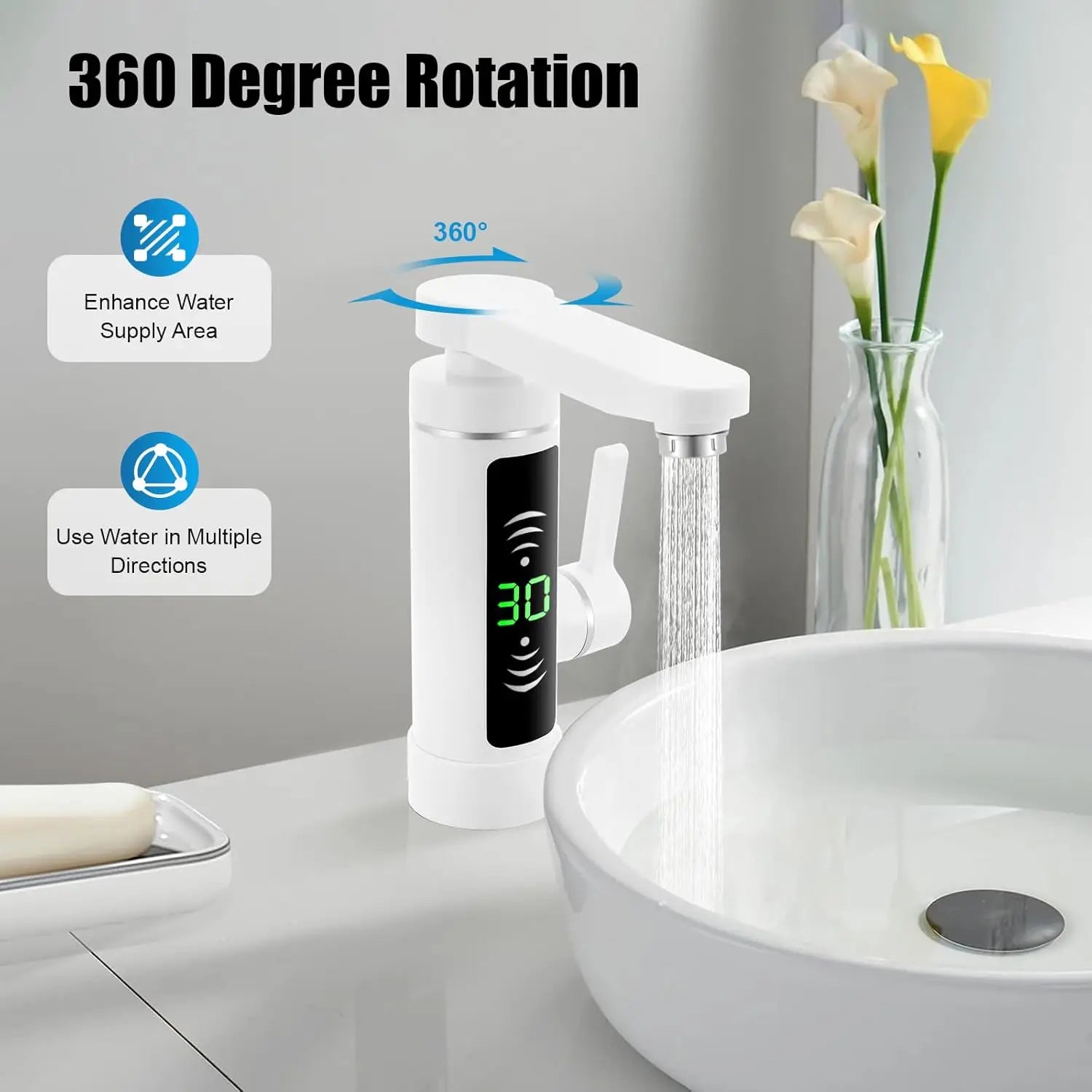 Deluvia - Rubinetto da cucina elettrico rotante con scaldabagno istantaneo e display della temperatura LED 3 kW