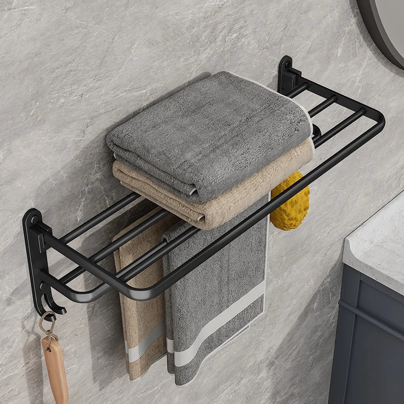 EasyFold Nero Supporto per Asciugamani Pieghevole da Parete – Salvaspazio & Elegante per Bagno