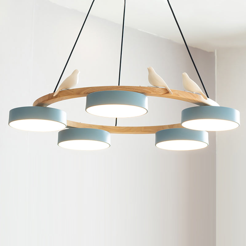 Zerani | Lampadario Rotondo con Design per Uccelli, Struttura in Legno e Illuminazione LED Integrata