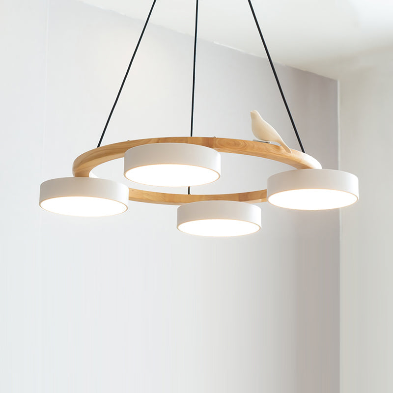 Zerani | Lampadario Rotondo con Design per Uccelli, Struttura in Legno e Illuminazione LED Integrata