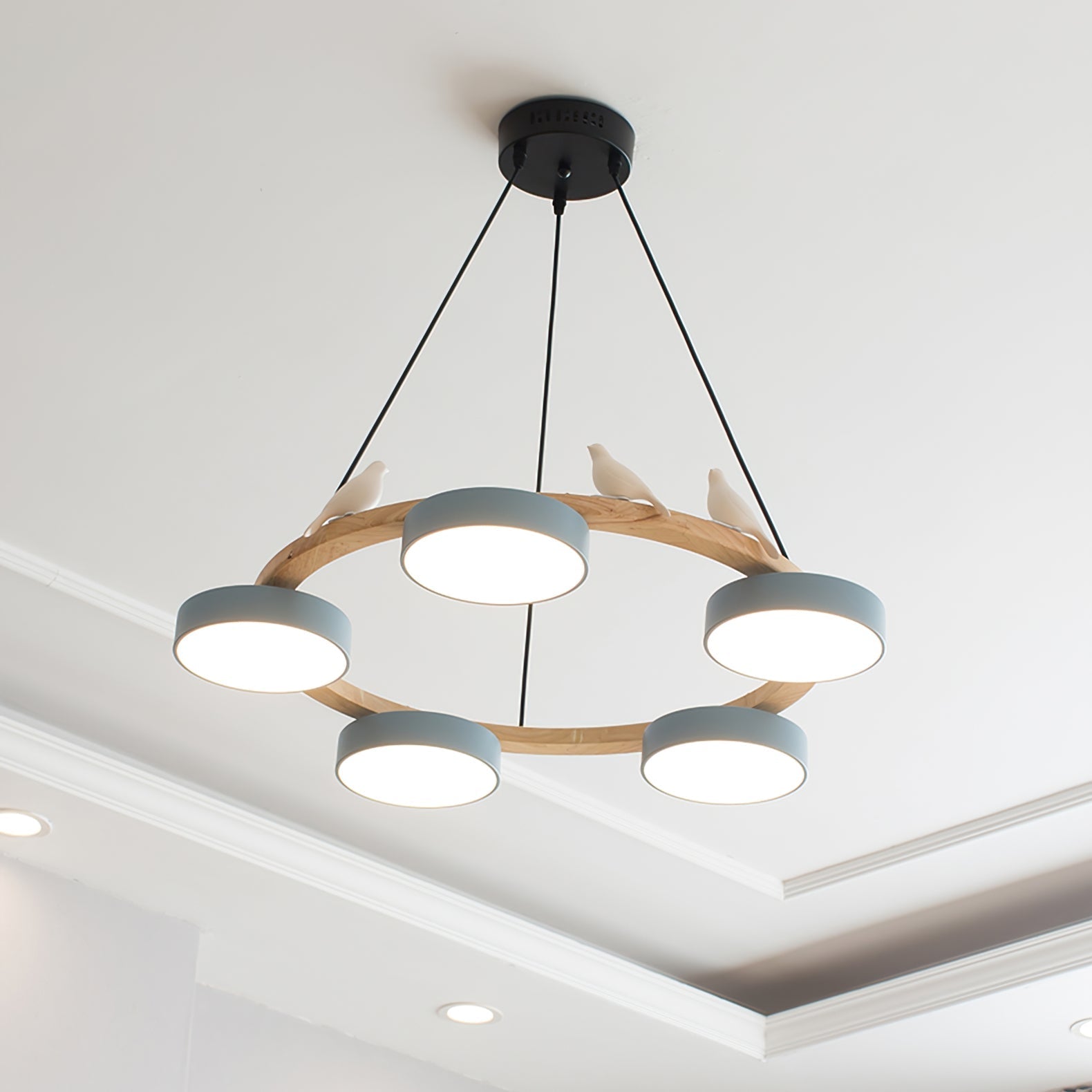 Zerani | Lampadario Rotondo con Design per Uccelli, Struttura in Legno e Illuminazione LED Integrata