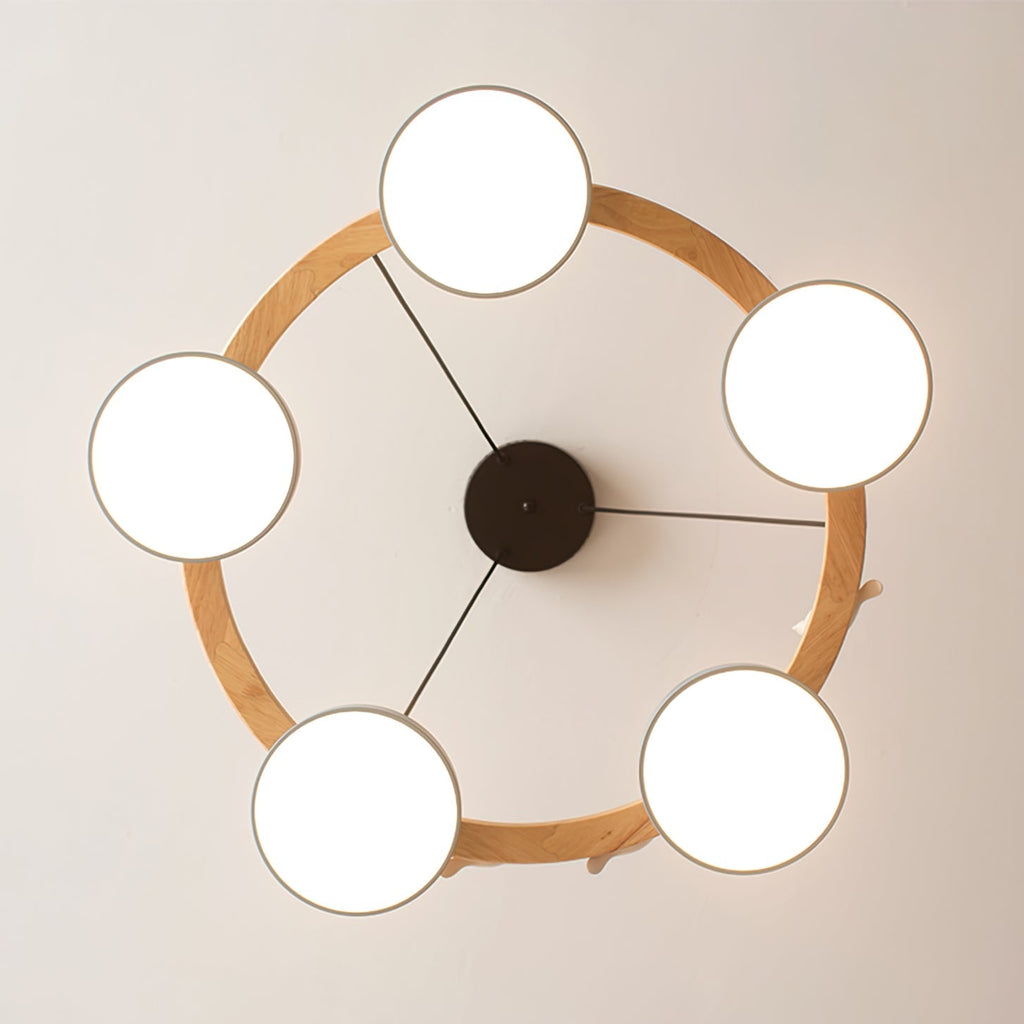 Zerani | Lampadario Rotondo con Design per Uccelli, Struttura in Legno e Illuminazione LED Integrata