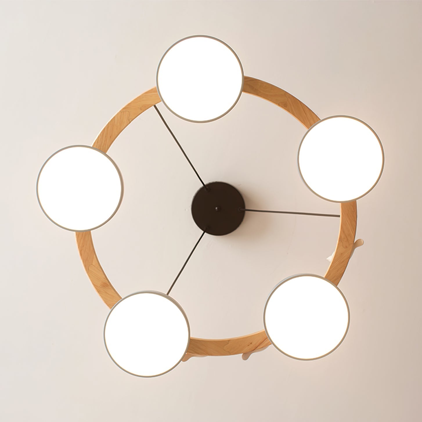 Zerani | Lampadario Rotondo con Design per Uccelli, Struttura in Legno e Illuminazione LED Integrata
