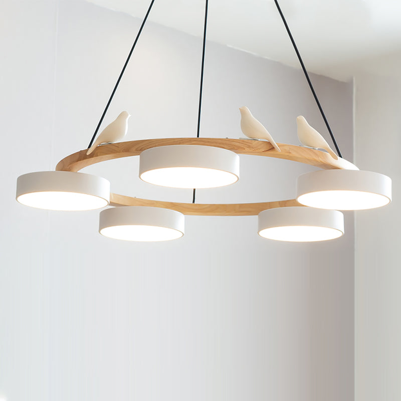 Zerani | Lampadario Rotondo con Design per Uccelli, Struttura in Legno e Illuminazione LED Integrata