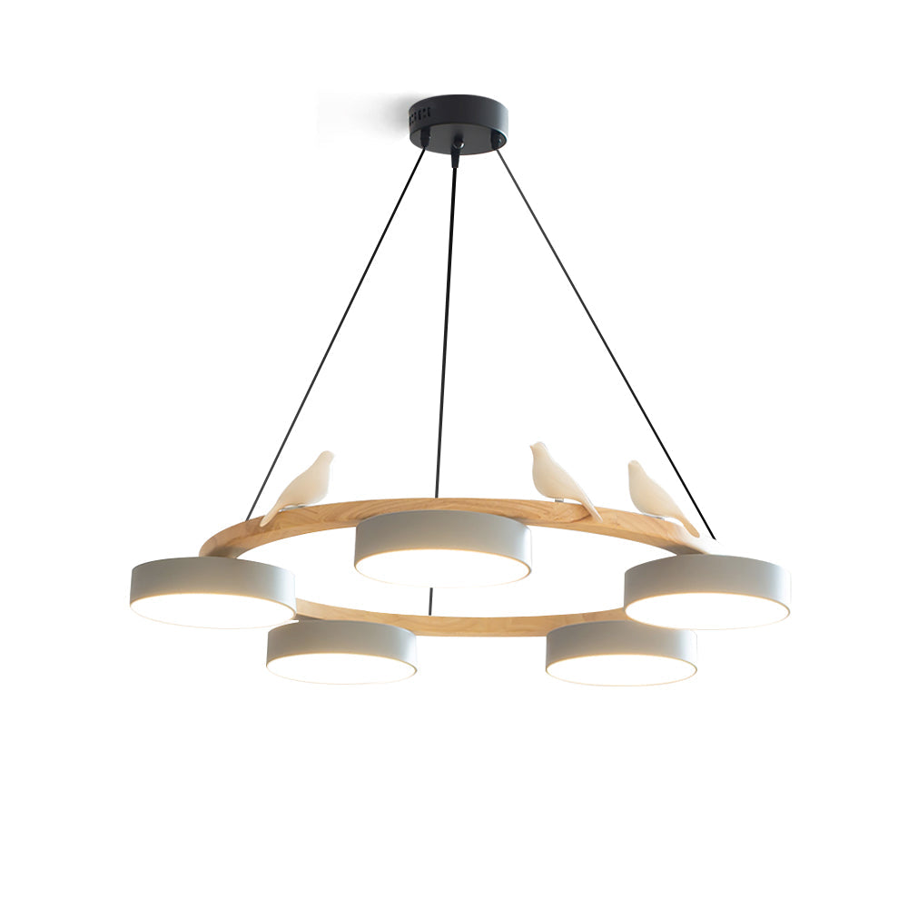 Zerani | Lampadario Rotondo con Design per Uccelli, Struttura in Legno e Illuminazione LED Integrata