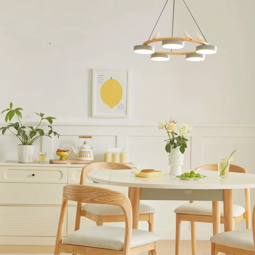Zerani | Lampadario Rotondo con Design per Uccelli, Struttura in Legno e Illuminazione LED Integrata
