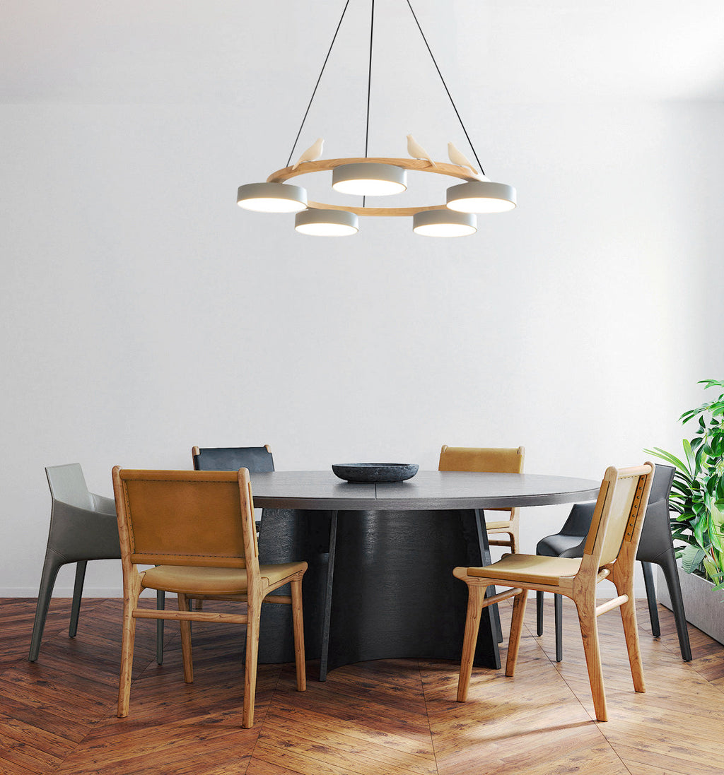 Zerani | Lampadario Rotondo con Design per Uccelli, Struttura in Legno e Illuminazione LED Integrata