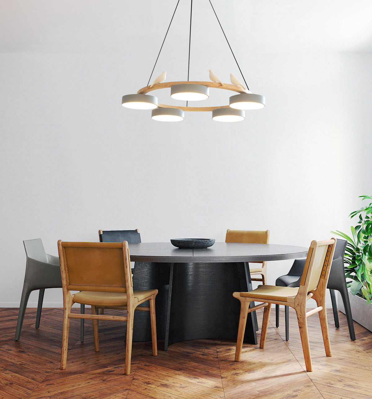 Zerani | Lampadario Rotondo con Design per Uccelli, Struttura in Legno e Illuminazione LED Integrata