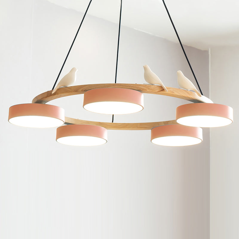 Zerani | Lampadario Rotondo con Design per Uccelli, Struttura in Legno e Illuminazione LED Integrata