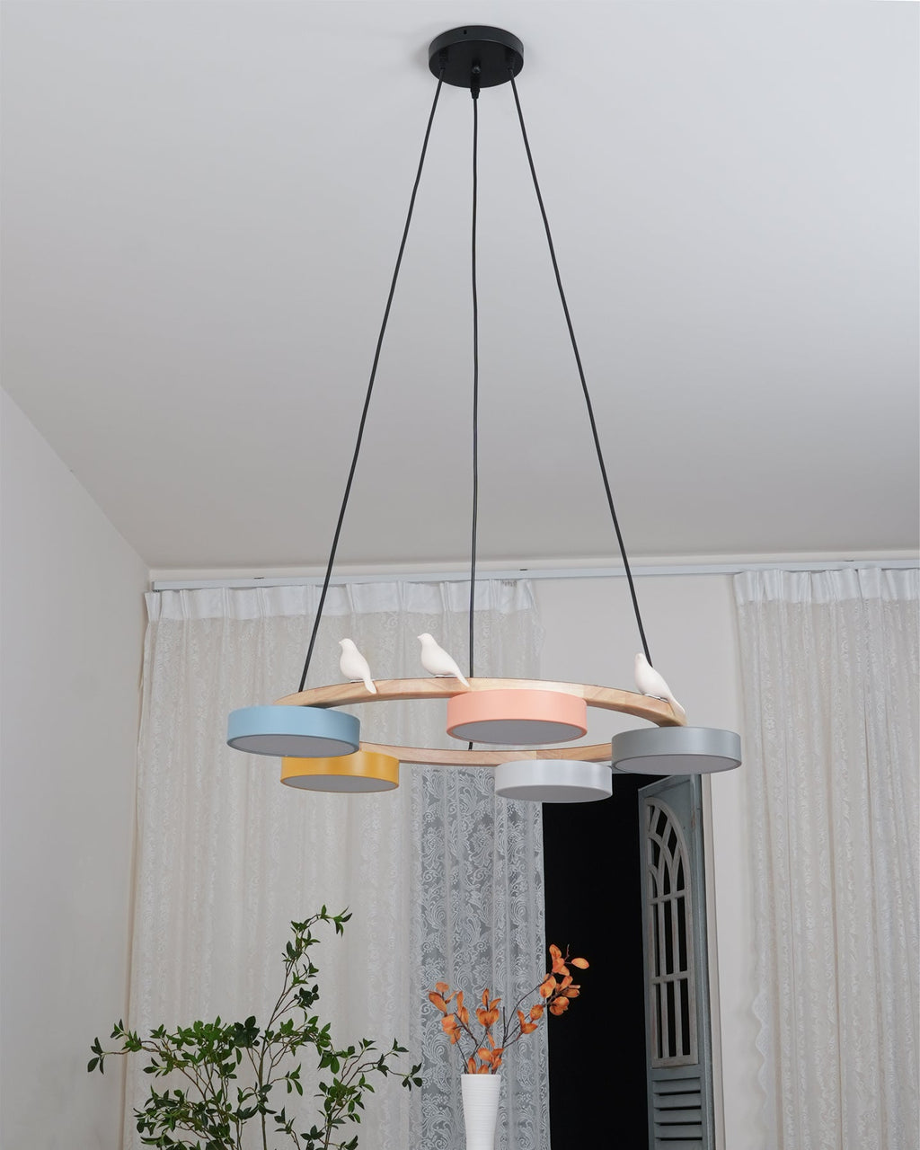 Zerani | Lampadario Rotondo con Design per Uccelli, Struttura in Legno e Illuminazione LED Integrata