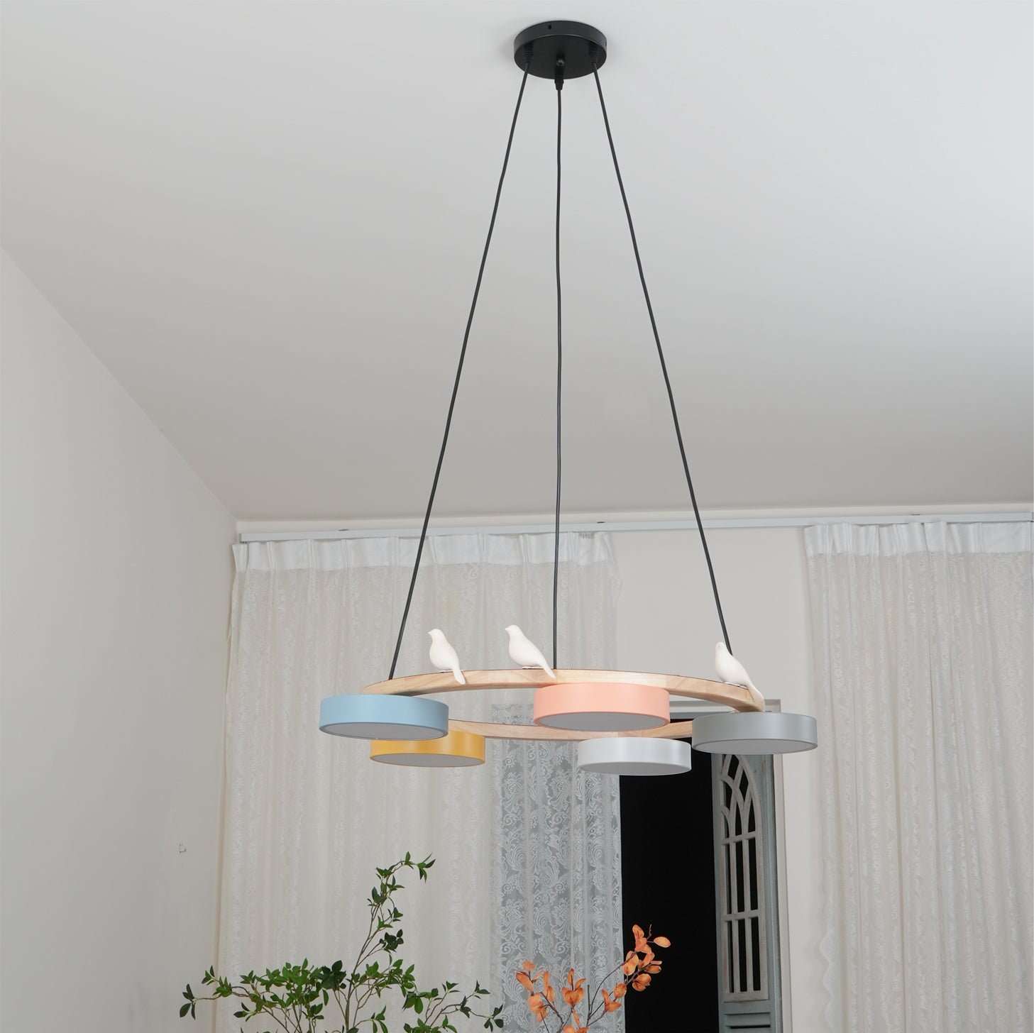 Zerani | Lampadario Rotondo con Design per Uccelli, Struttura in Legno e Illuminazione LED Integrata
