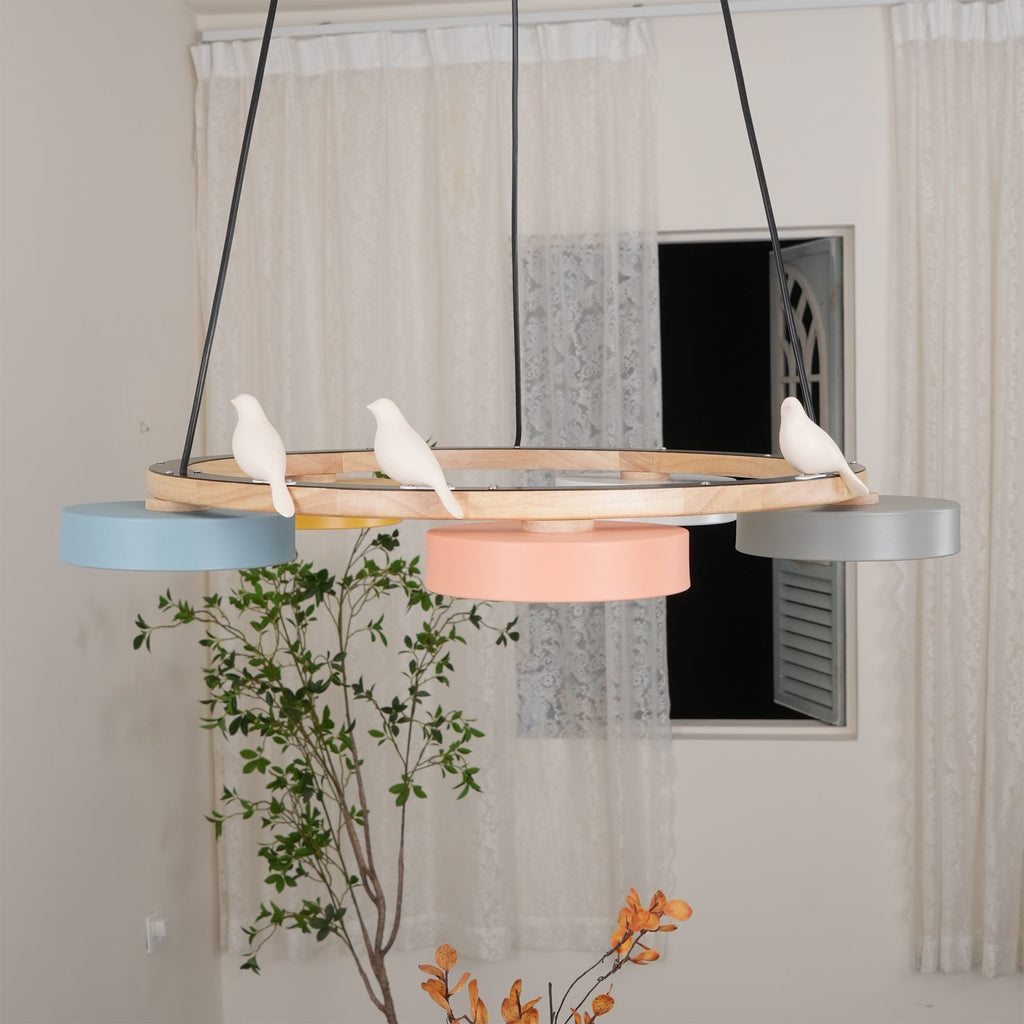 Zerani | Lampadario Rotondo con Design per Uccelli, Struttura in Legno e Illuminazione LED Integrata