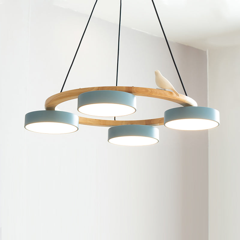 Zerani | Lampadario Rotondo con Design per Uccelli, Struttura in Legno e Illuminazione LED Integrata