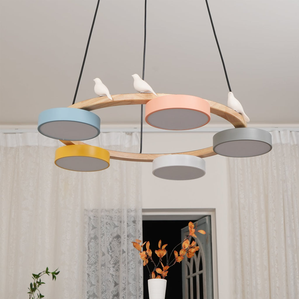Zerani | Lampadario Rotondo con Design per Uccelli, Struttura in Legno e Illuminazione LED Integrata