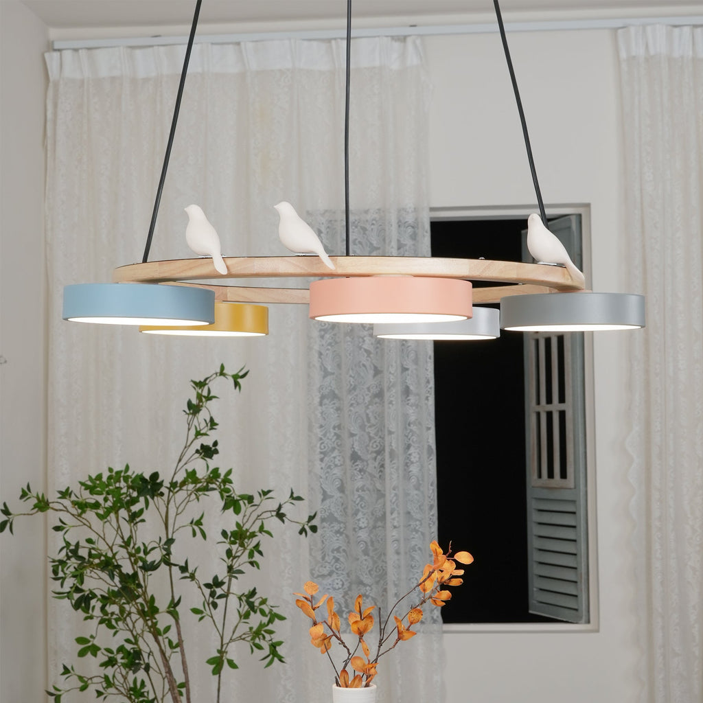 Zerani | Lampadario Rotondo con Design per Uccelli, Struttura in Legno e Illuminazione LED Integrata