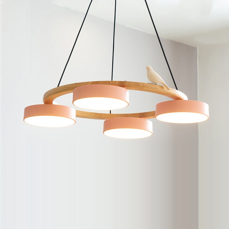 Zerani | Lampadario Rotondo con Design per Uccelli, Struttura in Legno e Illuminazione LED Integrata