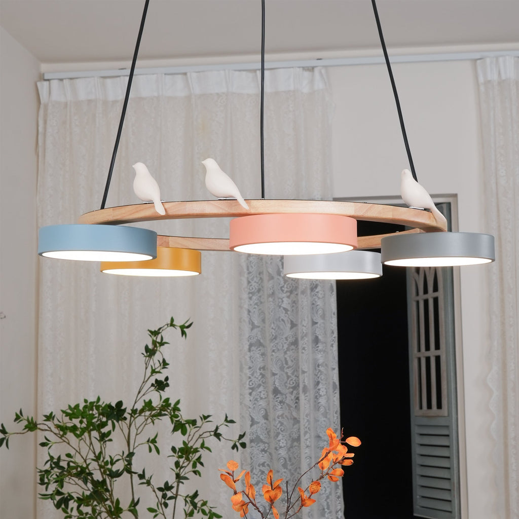 Zerani | Lampadario Rotondo con Design per Uccelli, Struttura in Legno e Illuminazione LED Integrata