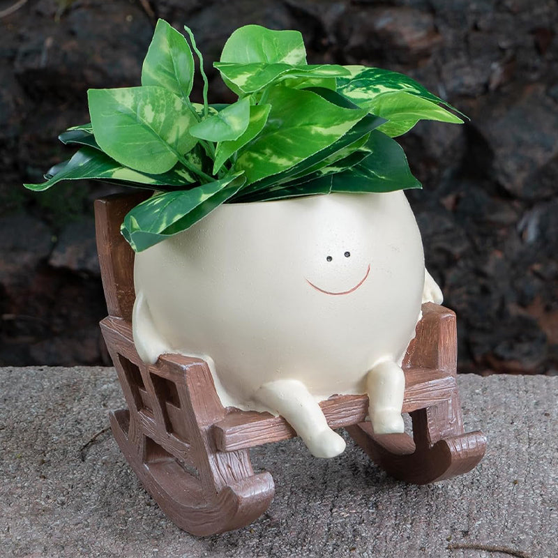 Vaso da Fiori Faccia Sorridente | Sedia a Dondolo in Resina | Decorazione per Succulente & Cactus | GrinPot